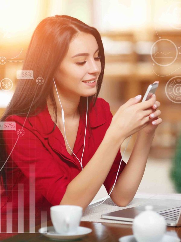 Young business woman using phone in coffee shop. Successful business woman. Business infographic